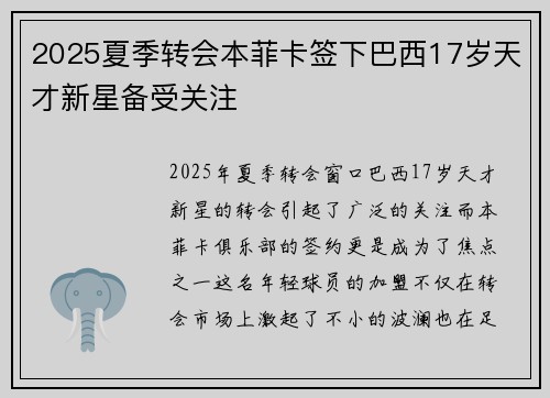 2025夏季转会本菲卡签下巴西17岁天才新星备受关注